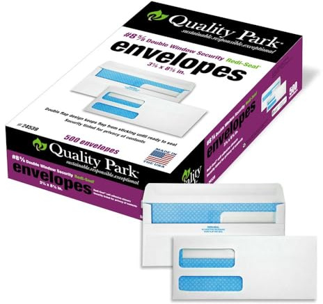 Quality Park #8 5/8 Security Envelopes, Double Window, Self Seal Envelopes for Invoices/Statements, 3-5/8 x 8-5/8, 24 lb White, 500/Box (QUA24539)