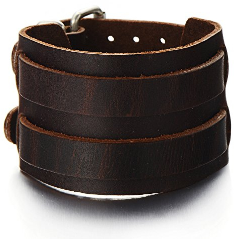 COOLSTEELANDBEYOND Große Leatherarmband für Herren Punk Rock Armreif Braune Echtes Leather mit Zwei Schnallen