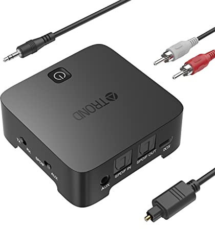 TROND TV Bluetooth Transmitter Receiver Optical, 3.5mm Wireless Audio Adapter (Latest V5.0, AptX Low Latency for Both TX and RX, Pair with 2 Devices Simultaneously), for TV/Home Stereo System