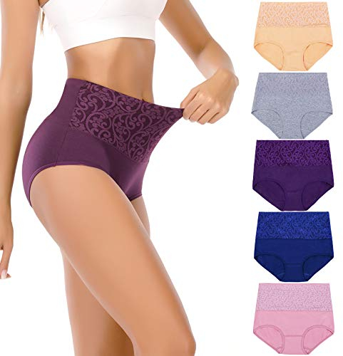 Senllori Damen-Unterwäsche, hohe Taille, Baumwolle, Bauchkontrolle, weiche volle Abdeckung 5 Pack Mehrfarbig Größe M