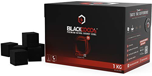 BLACKCOCO’s Shisha Kohle 1KG CUBES22 Naturkohle Kokosnuss und BBQ - Hochwertige Kokos Coal Briketts für Shisha & Grill - Würfel Kohlen & Grillkohle mit Langer Brenndauer