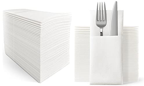 UKEENOR Disposble Dinner Napkins Cloth Like with Built-in Flatware Pocket,Wedding Party Linen Feel White Napkin, Prefolded for Silverware,Pack of 100