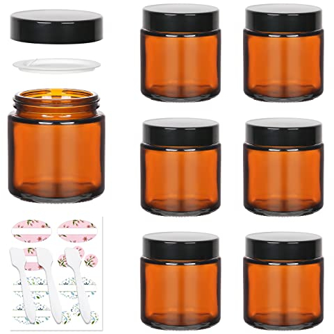 Yishik 4 oz Amber Glass Round Jars with Black Lids, 6 Pack Empty Cosmetic Jars Face Cream Storage Containers for Powder,Lotion,Beauty Products,Travel Favors