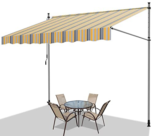 Fiqops Klemmmarkise Balkon, Höhenverstellbar Abdeckhauben Markisen UV-beständig Sonnenschutz Garten Wetterfest Balkonmarkise ohne Bohren, 300x120x 200-300cm Gelb Blau