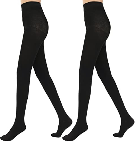 EABERN Cashmere Wool Fleece Lined Tights for Women-2 Pairs Opaque Warm Pantyhose with Control Top-L/XL