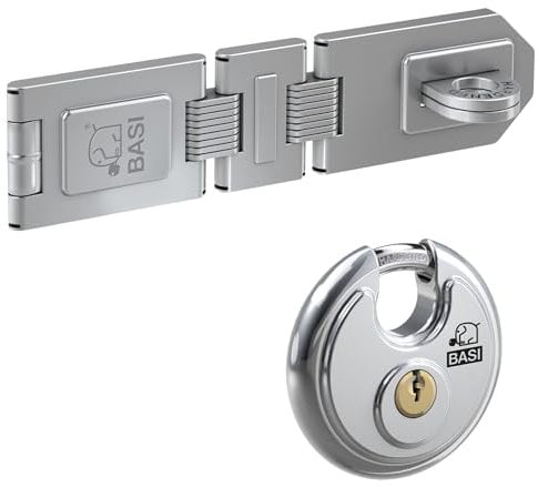 BASI | Sicherheitsüberfalle mit Edelstahl Rundbügelschloss | 2-Gelenke | Überfalle für aufschlagende Türen | Verzinkt Wetterfest | Silberfarben