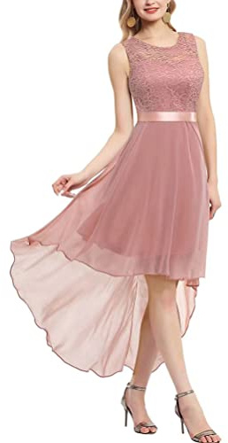 Onsoyours Robe de Soirée Femme Asymétrique sans Manche Couleur Unie Dentelle Cocktail Robe Mousseline Swing pour Bal Mariage