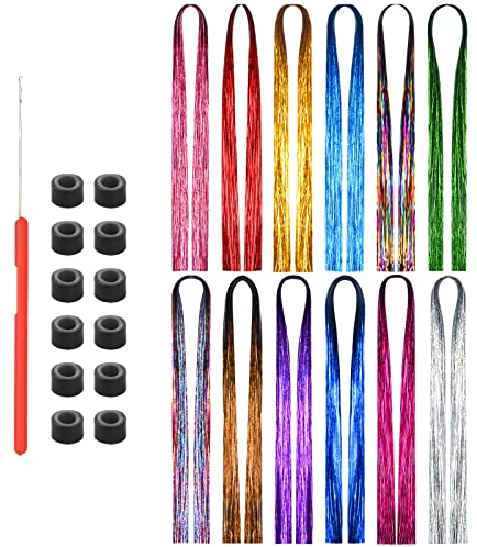 Haar Lametta Glitzer Haarsträhnen Hair Tinsel 12 Farben Glitzer Strähnen Haare Glitter Hair Extensions Kit Haarlametta Hairtinsel Glitzersträhnen für Haare Haar Glitzer für Frauen Mädchen 3360 Stränge