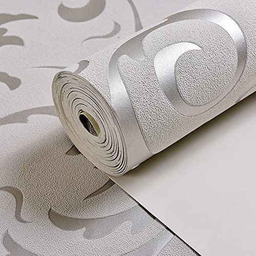 Trintion Self Adhesive Wallpaper Non-Woven Modern Embossed 3D Waterproof Wallpaper Glitter Effect Wallpaper Roll Silver Grey Leaf Pattern Wallpaper for Office Living Room Bedroom (Printing)