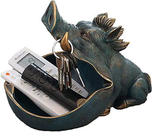CUZOKOLA Large Size Unique Wild Boar Staute Key Bowl for Entryway Table,Cute Animal Candy Dish for Office Desk Candy Dishes Decorative Home Sculpture Desk Decor with Big Container Storage Mouth (Blue)