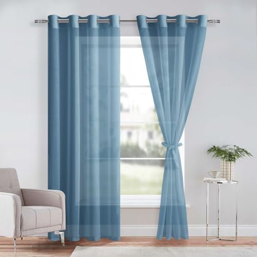 DWCN Blue Sheer Curtains with Tiebacks Semi Transparent Voile Grommet Curtains Elegant Window Curtains for Bedroom and Living Room,2 Panels,W52 x L84