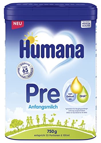 Humana Anfangsmilch Pre, von Geburt an, Milchpulver für Säuglingsmilch, zusätzlich zur Muttermilch oder als alleinige Pre Nahrung, Babynahrung mit DHA und nur Laktose, 750 g