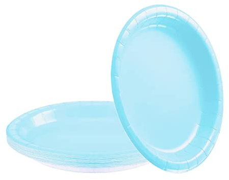 16Pcs Baby Blue Paper Plates Party Supplies,9 Round Dessert Dinner Luncheon Plates Plates Tableware Creative DIY Paper Plate Solid Color Party Plate for Kids Adult Birthday,BBQ,Picnic,Baby Shower