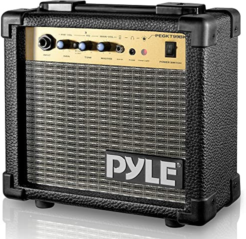 Pyle Portable Electric Guitar Amp, 10 Watt Mini Combo Amplifier with Distortion, Gain, Tone, Master, AUX, Headphone Output