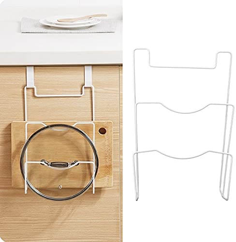 Pot Lid Organiser, 2 Slots Wrought Iron Wall Door Mounted Pot Pan Lid Holder Easy to Install Saucepan Tray Holder Pot Racks Storage Organiser with 2 Hooks for Home Kitchen Restaurant Cabinet