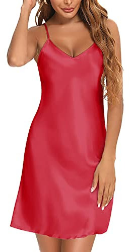 JFAN Camicia da Notte Donna Sottoveste Seta Lunga Senza Maniche Pigiameria da Donna Vestaglia Sexy Camicia da Notte in Raso(Rosso,M)