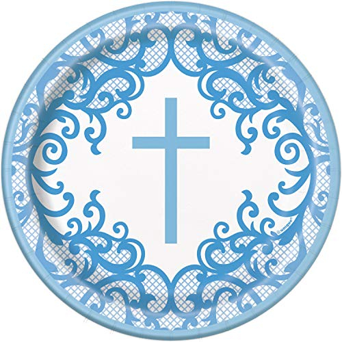 Unique 74794EU Eco-Friendly Paper Plates-18 cm-Fancy Blue Cross Religious Party-8 Count (Pack of 1), Multicolour