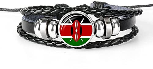 JEDTAKCT Kenya Flag Bracelet - Fashion Time Stone National Flag Bracelet Adjustable For Women Men,Handmade Woven Leather Flag Bracelet Jewelry Couple Gift,Black, Length 18+8Cm