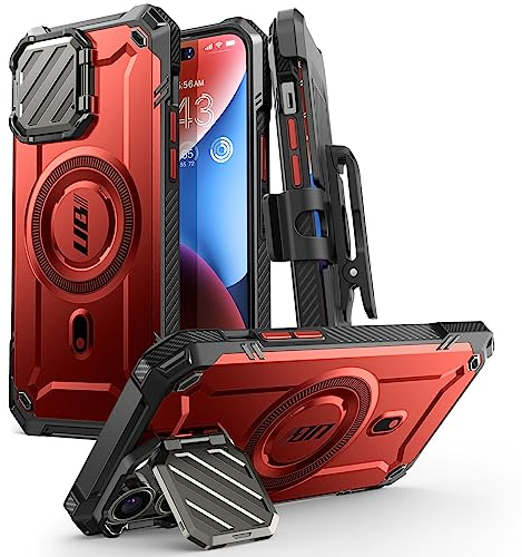 SUPCASE für iPhone 14 Pro Max/iPhone 13 Pro Max Hülle mit Kameraschutz [Kompatibel mit MagSafe] Dünne Handyhülle Bumper Case Magnetische Schutzhülle mit Ständer und Gürtelclip, Rot