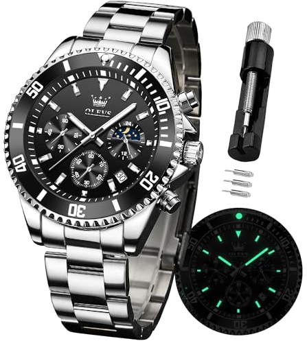 OLEVS Herren Armbanduhr Wasserdicht Designer Luxus Formell Leuchtende Datum Mondphase Edelstahl Armbanduhr Quarzuhr Männer Geschenke, weiß / schwarz, Modern