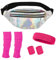 Jortmrd 80er Jahre Outfit Damen Mottoparty Sportlicher Stil Set Silberne Laser-Bauchtasche Rosa Beinwärmer Armbänder Stirnband 90er Jahre Retro Neonrosa Kostüm Accessoires für Party Fasching Karneval