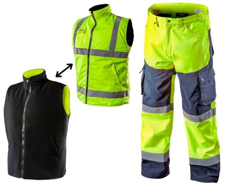 NEO TOOLS Herren Wasserdichte Arbeit Warnschutzhose + 2in1 Profi Warnweste | Softshell Hose aus mit Fleece-Innenfutter, Fleeceweste, Sicherheitsweste Arbeitsweste, Funktionsweste, Gr. S-3XL