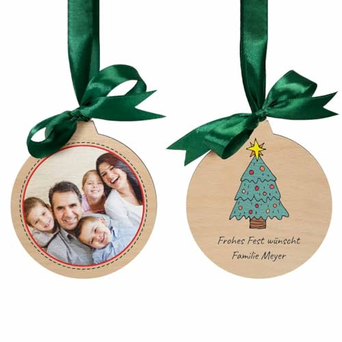 Personalisierte Holzanhänger für Weihnachten - Christbaumkugel mit Foto Weihnachtsmotiven & Namen - Weihnachtskugel aus Holz als persönlicher Tannenbaum Schmuck