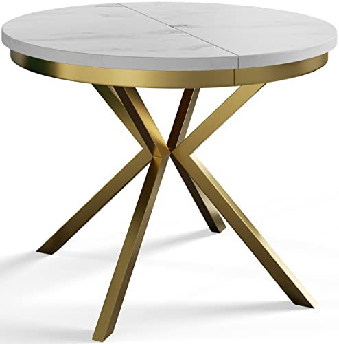 AlpiMeble Runder Esszimmertisch BERGO, ausziehbarer Tisch Durchmesser: 90 cm/170 cm, Wohnzimmertisch Farbe: Marmur, mit Metallbeinen in Farbe Gold