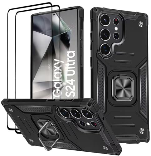 KANSi Case for Samsung Galaxy S24 Ultra, Tempered Glass [2 Pack] Protective Silicone TPU Shockproof Tough Armor Hard Cover - Black