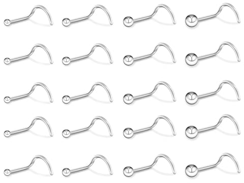 Zysta 20PCS 20G Stainless Steel Nose Stud Set Nose Rings L Shaped Straight Round Ball Bead Nose Retainer Body Piercing Jewellery for Women