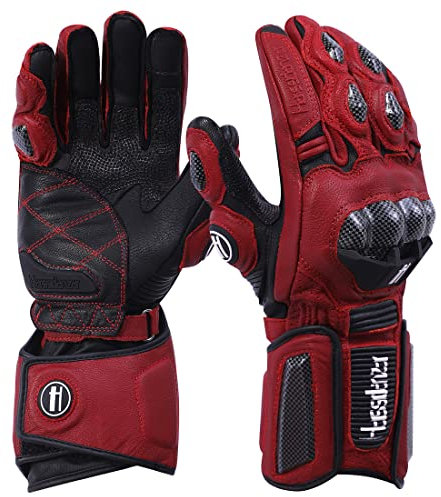 Harssidanzar Leather Motorcycle Gloves Men and Women,Powersports Carbon Fiber Knuckle Protection Motorbike Gloves KM045UK,Oxblood/Black,Size XL