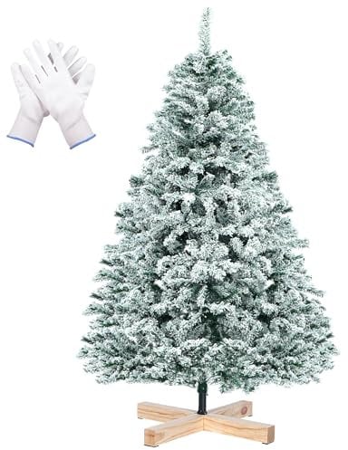 Künstlicher Weihnachtsbaum mit Schnee Holzständer, 213 cm hohe Schuhe Tanne mit 850 Spitzen, PVC Kunstbaum Edeltanne inkl. Handschuhe, Schnellmontage Klappsystem, Weiß Beflockter Weihnachtsbaum Deko
