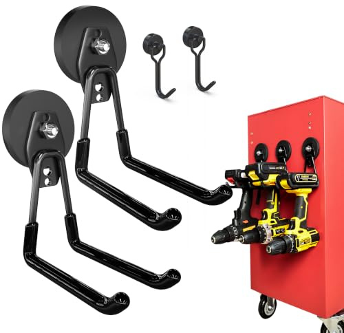 3-H 2 Stück Magnetische Haken Sehr Stark Magnethaken, Schwarz | Doppel-Magnethaken, 66 mm Magnetfuß, mit 2 Mini-Magnethaken für Küche Garage Werkstatt Keller Wohnmobil Garten & Schuppen