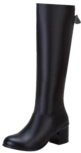 Asterisco Stivali Alti Al Ginocchio da Donna con Tacco Largo Bowknot Tacco Medio Boot Punta Rotonda Zip Stivali da Vestito, X46667Db Nero Numero 34 EU