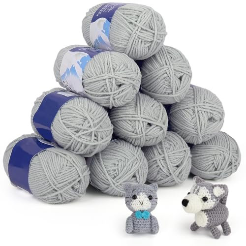 Coopay Häkelgarn 10 x 50g, 5 Faiding Weiche Wolle zum Häkeln, Handstrickgarn für Anfänger und Kinder, Baumwolle Babywolle für Häkel- und Strickprojekt, Baumwolle Crochet Yarn - Silber Grau