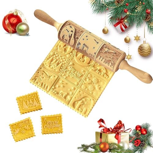 CJBIN Nudelholz mit Muster Weihnachten, 35cm*4.5cm Teigroller Muster, Weihnachten Präge Nudelholz, Christmas Rolling Pin, Spekulatiusroller für Weihnachten, DIY, Plätzchen, 9 Geprägten 3D-Mustern