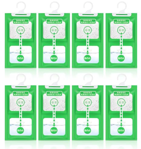8 pcs 100g wardrobe moisture absorber, dehumidifier bag for hanging, anti-mould dehumidifier bag set, desiccant bag for bathroom kitchen car,dehumidifier cabinet Hook Design Individually Packed Green