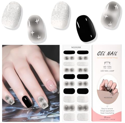 EBANKU Semi Cured Gel Nail Strips, 20PCS Gel Nail Stickers Long Lasting Gel Nail Strips- Easy to Apply & Remove for Salon-Quality Pedicure| Black Star