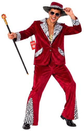 Morph Zuhälter Kostüm Herren, 70er Jahre Halloween Kostüm Herren | Samtjacke, Hose & Hut, Burgunderrotes Zebra-Design, Zum Überziehen, Perfekt für Halloween, Ideal zum Verkleiden