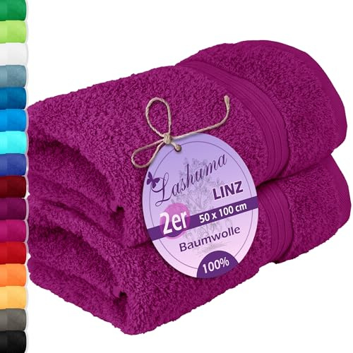 Lashuma 2er Badezimmer Frottee Handtuch Set Lila - Orchidee, Linz extra weiche Baumwollhandtücher 50x100 cm