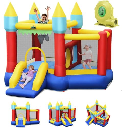 GOPLUS Castillo Hinchable con Soplador, Tobogán y Canasta de Baloncesto, Zona de Juegos Hinchable con Baloncesto, 100 Pelotas, para 3 niños de 3 a 10 años, Carga máxima 135 kg, 301 x 313 x 245 cm