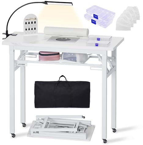Portable & Foldable Manicure Table w/Dust Collector, Rolling Nail Tech Desk w/LED Light Lamp, Wrist Cushion, Lockable Wheels, Carrying Case, for Home Travel Beauty Salon Workstation (Marble White)