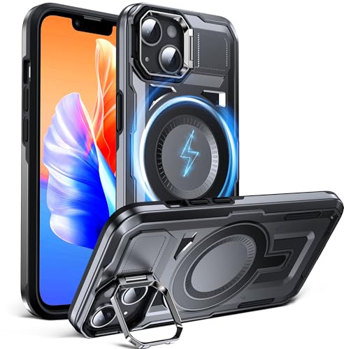 DASFOND Hülle für iPhone 14/13, [Kompatibel mit MagSafe] Stoßfestes Militärgeprüftes Handyhülle Case mit Standfuß | Wireless Charging | Doppelschicht Schutz | Rutschfester Bumper, Schwarz
