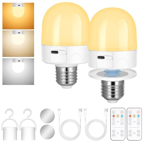 AUAUY E27 Wiederaufladbare Glühbirne mit Fernbedienung, 3W Akku-Glühbirne | mit Abnehmbarem Magnetsockel, 3 Farbtemperaturen Dimmbar und Zeitgesteuert mit Haken für Zimmer, Camping(2 Pack)