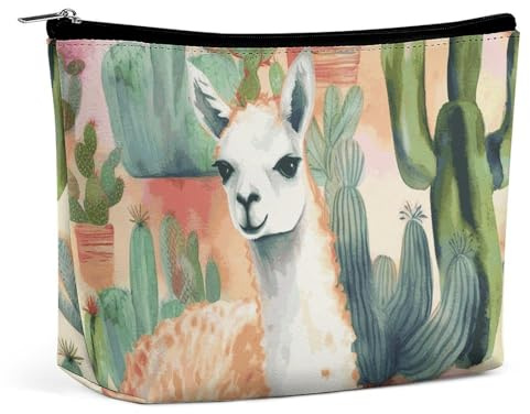 GHENBLT Wasserdichte Reise-Make-up-Tasche, Organizer, PU-Leder, weiß, Alpaka, Kaktus, Kosmetiktasche, kleine Kulturbeutel, niedlich, tragbare Reißverschlusstasche für Damen und Herren, Reisezubehör