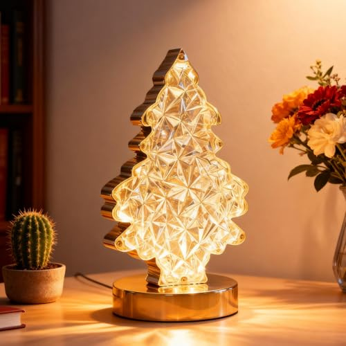 Zecnaud LED Nachttischlampe Touch Dimmbar, Kristall Tischlampe Gold, Nachttischlampe Kristall, Tischlampe Gold Glas mit 3 Farben für Wohnzimmer Schlafzimmer Esszimmer (Baum)