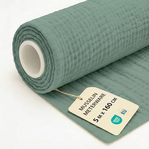 Musselin Stoff Meterware 5 M x 160 cm - Baumwollstoff Stoffe zum Nähen ideal für Bettwäsche Decke Kinder Tuch Tischläufer leichte Baumwolle Fabric Musselinstoff Oeko-Tex-Zertifikat Salbeifarbe