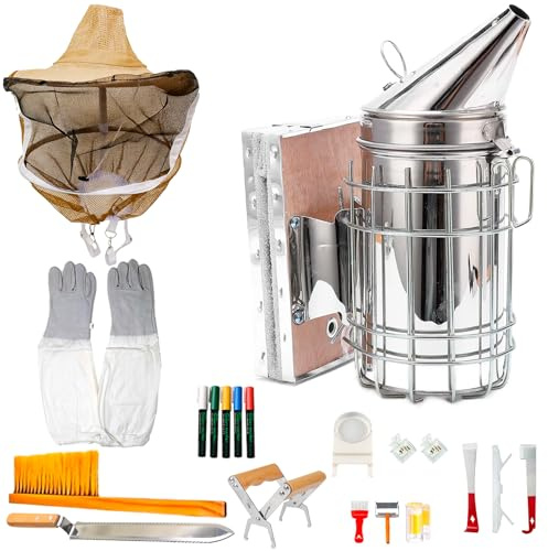 Duseu 20Pcs Queen Bee Marking Kit – Professional Beekeeping Tools with Bee Smoker, Uncapping Knife, Hive Tool, Bee Feeder, Veil & 5 Color Marker Pens for Beekeepers