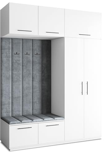 Masseno Flugarderoben Set Rema, Kleiderschrank-Set mit Sitzbank, Garderobenschrank Flur mit 5 Regalböden, Weiß
