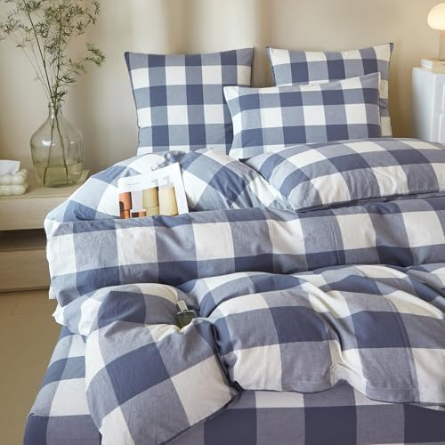 Boqingzhu Bettwäsche 135x200 cm Blau Weiß Baumwolle Kariert Oeko-TEX | 100% Gewaschene Baumwolle Bettwäsche-Sets mit Leinenartigem Griff Enthält 1 Bettbezug 135x200 und 1 Kissenbezug 80x80